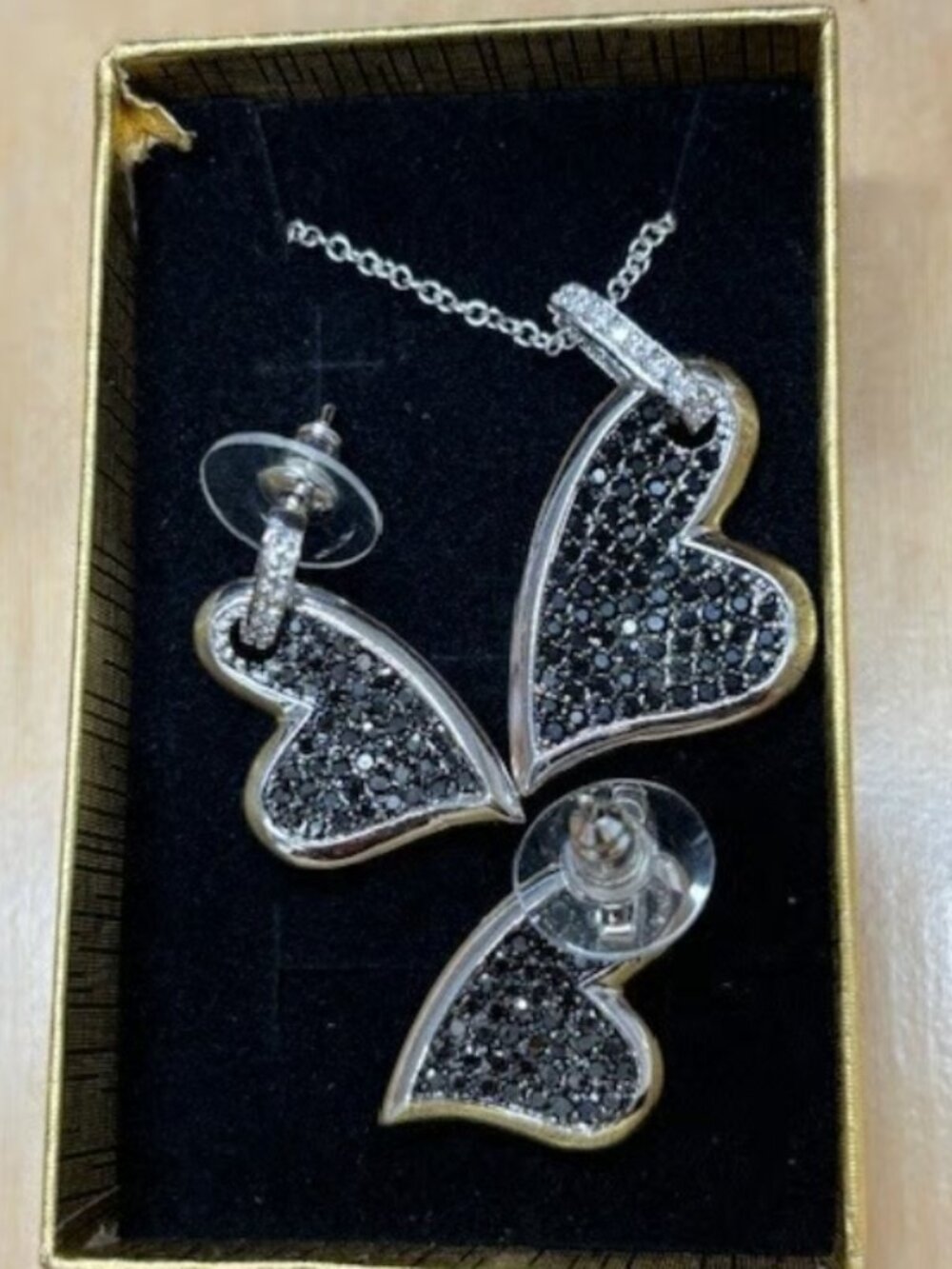 925 Sterling Silver Black Pave Heart Necklace and Earrings